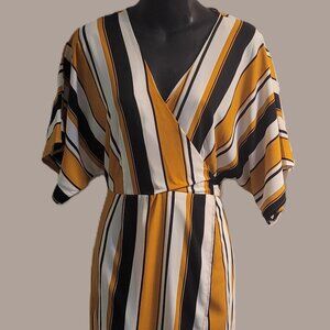 Forever 21 Mustard Yellow Black White Striped Wrap Tie Midi Dress Empire Waist
